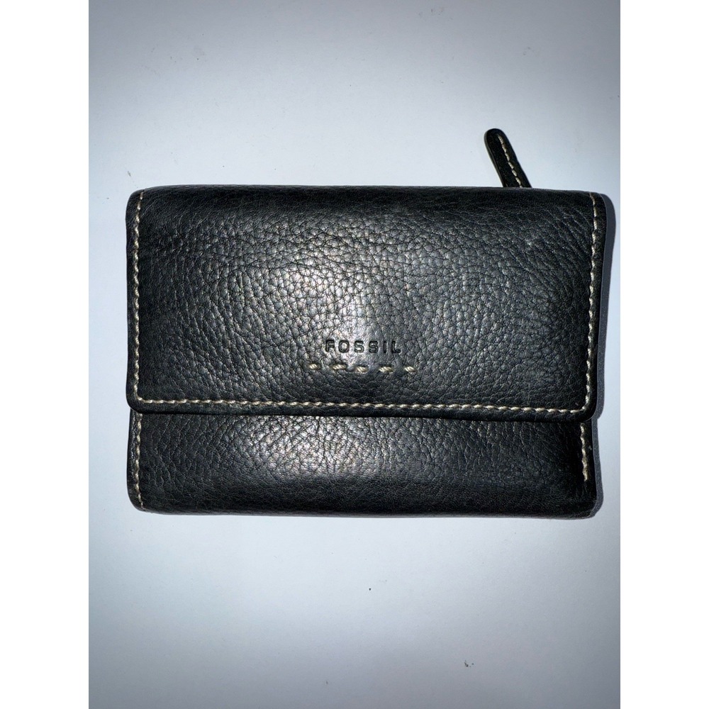 Black Fossil Wallet Leather Stitching Snap Closure Tri Fold Passport Size K